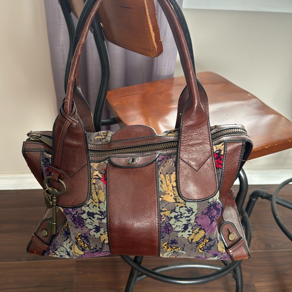 Fossil Long Live Vintage Brown Leather and Tapestry Tote Bag